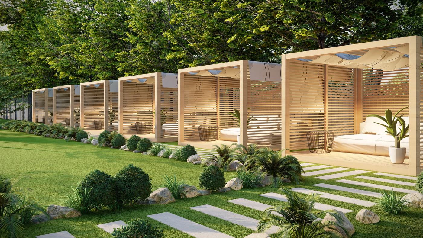 Final render: garden cabanas along the stepping-stone path