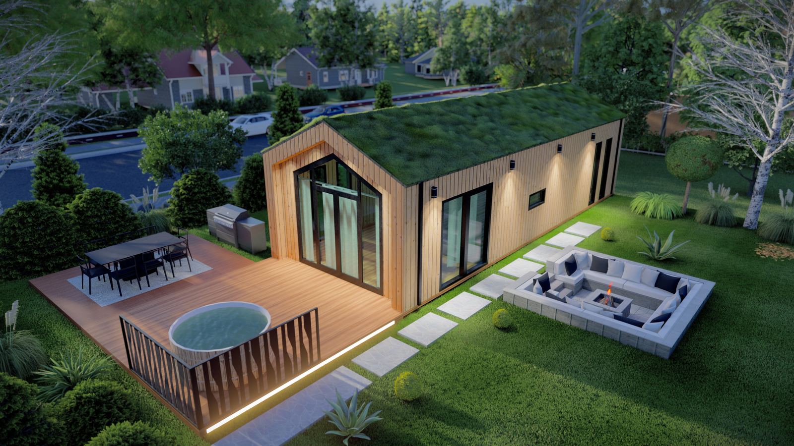 Evening render of garden retreat with green roof, hot tub and sunken fire pit