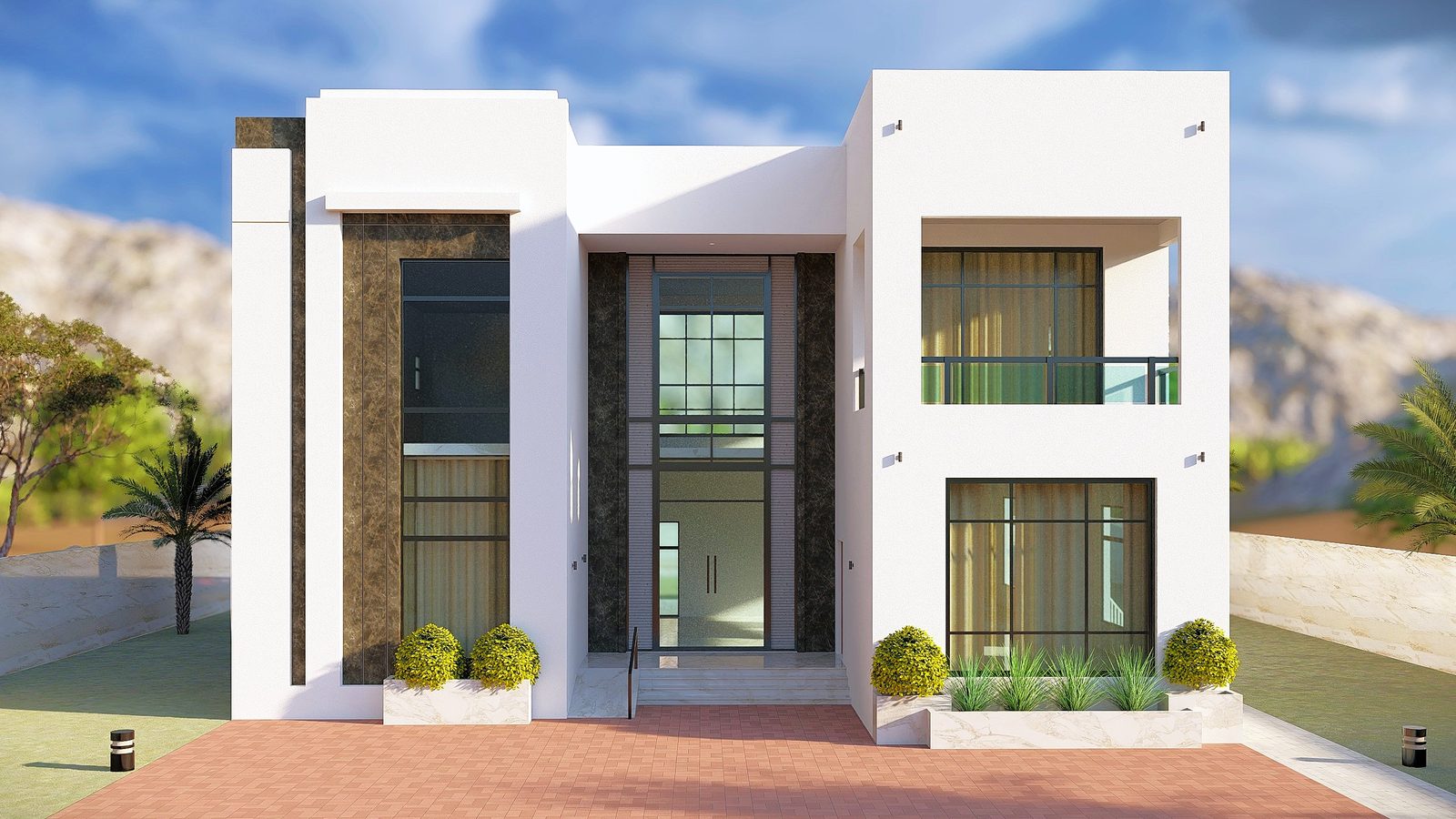 Modern white villa exterior render, Umm Al Quwain UAE