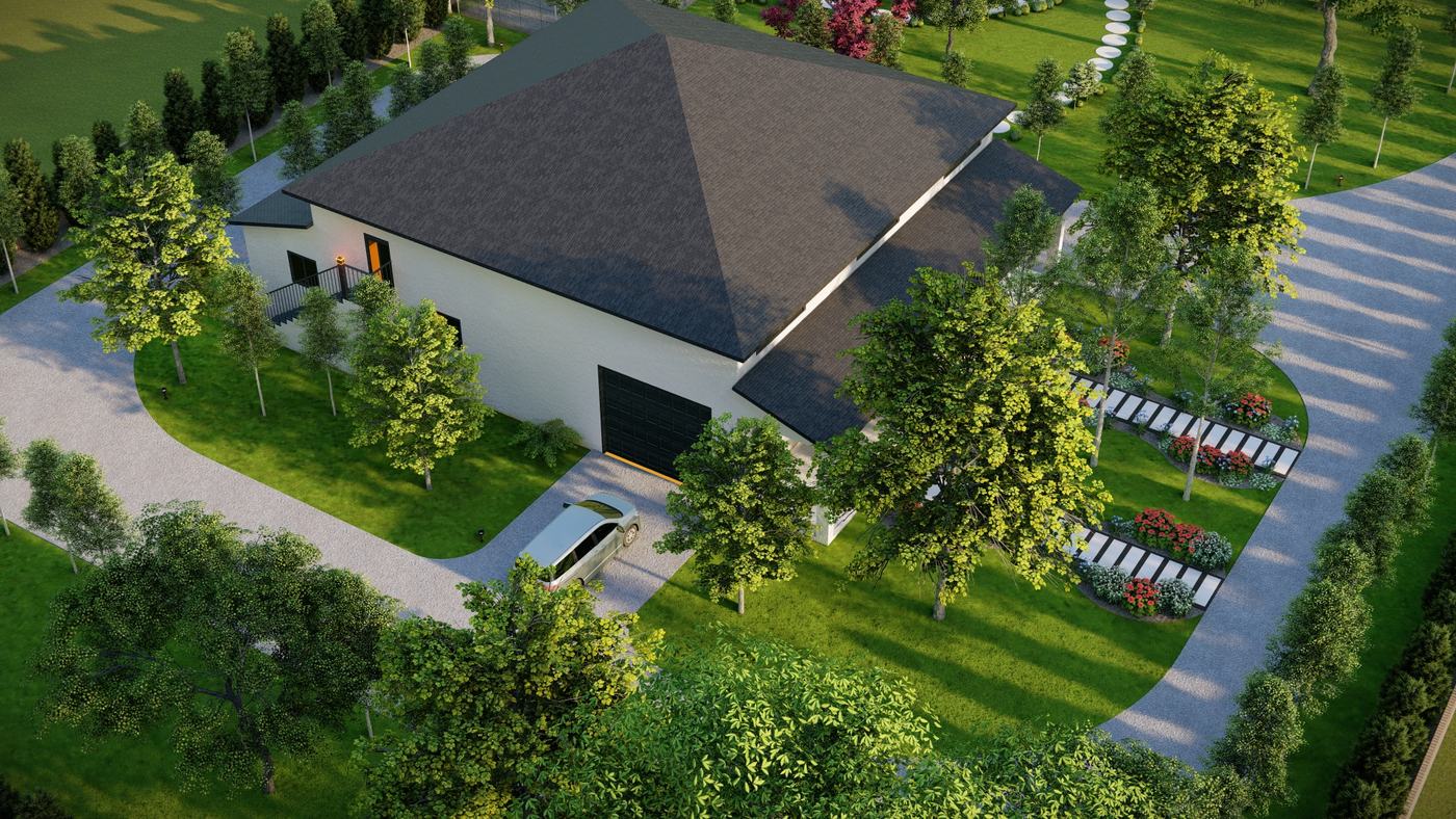 Aerial view of the villa and gardens during design development