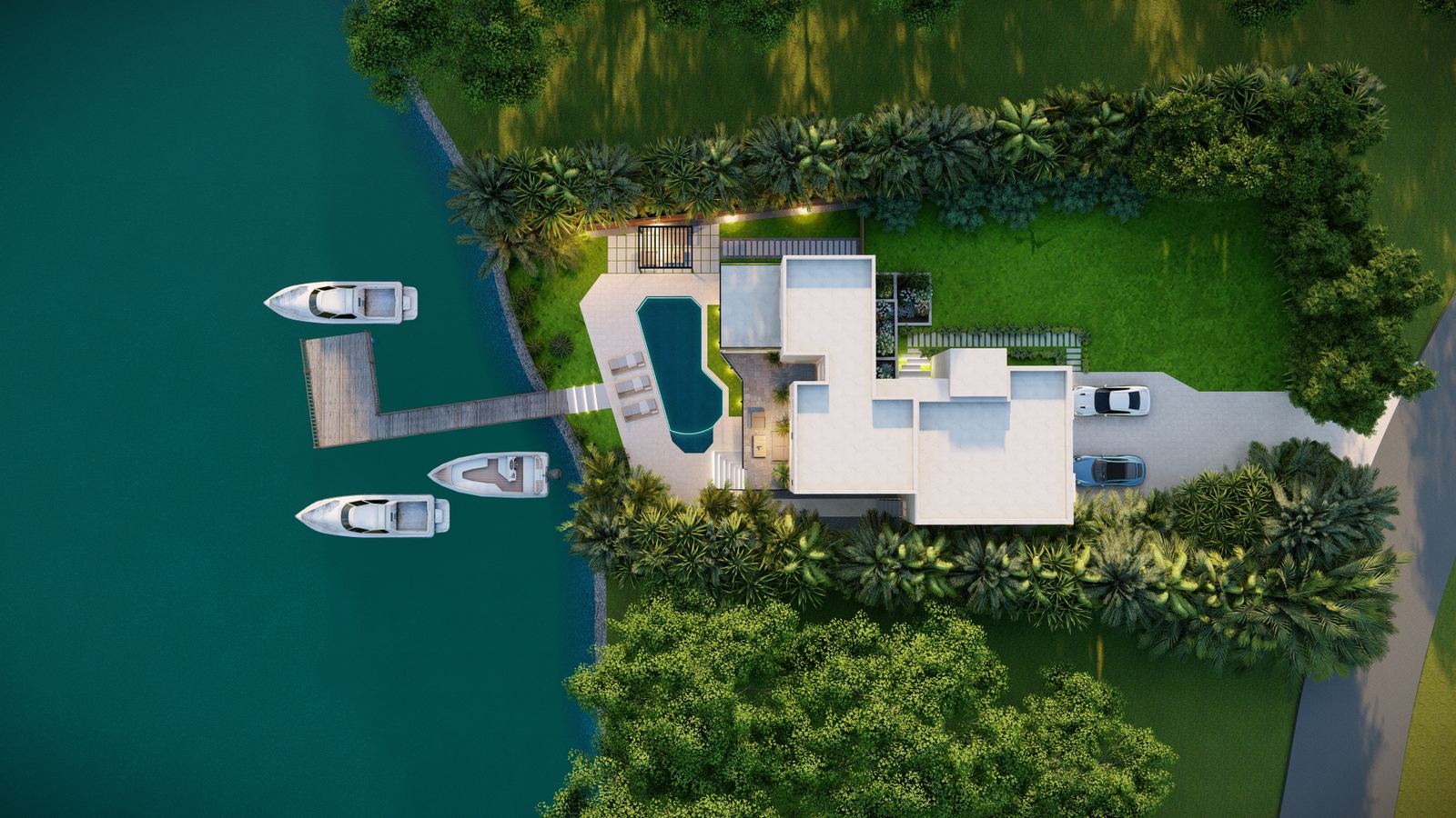 Aerial render of waterfront villa with private dock and boats